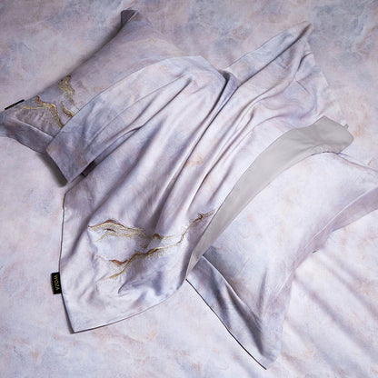Marmoreffekt Baumwoll-Satin Bettbezug Set mit Strickdecke und Oxford-Kissenbezügen