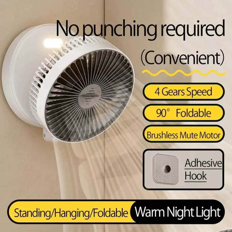 Unisex Einheitsgröße kompakt faltbarer wiederaufladbarer USB Typ C Schreibtischventilator mit verstellbarem Neigungswinkel und integrierter LED-Nachtlampe Brehn