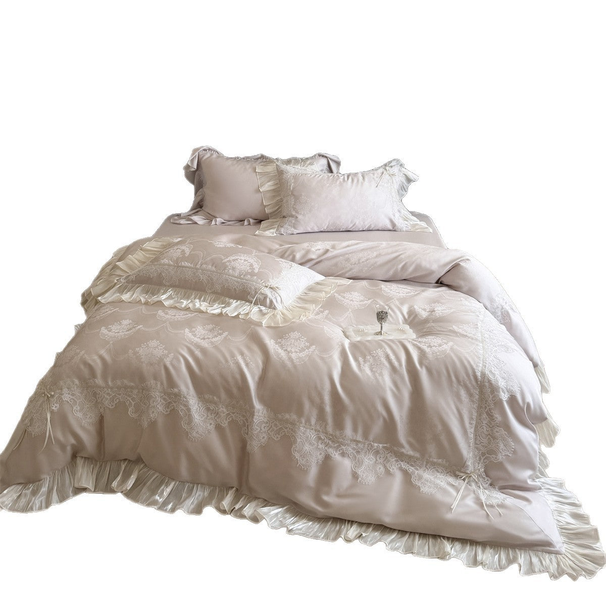 Spitzenbesatz Satin-ähnliches Rüschende Bettbezug Set mit eingewebtem Medaillon Jacquard