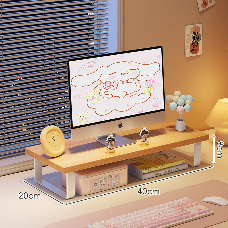 Erhöhter Monitorständer mit Holz-Optik-Oberfläche, Metallrahmen und Unterregal-Stauraum