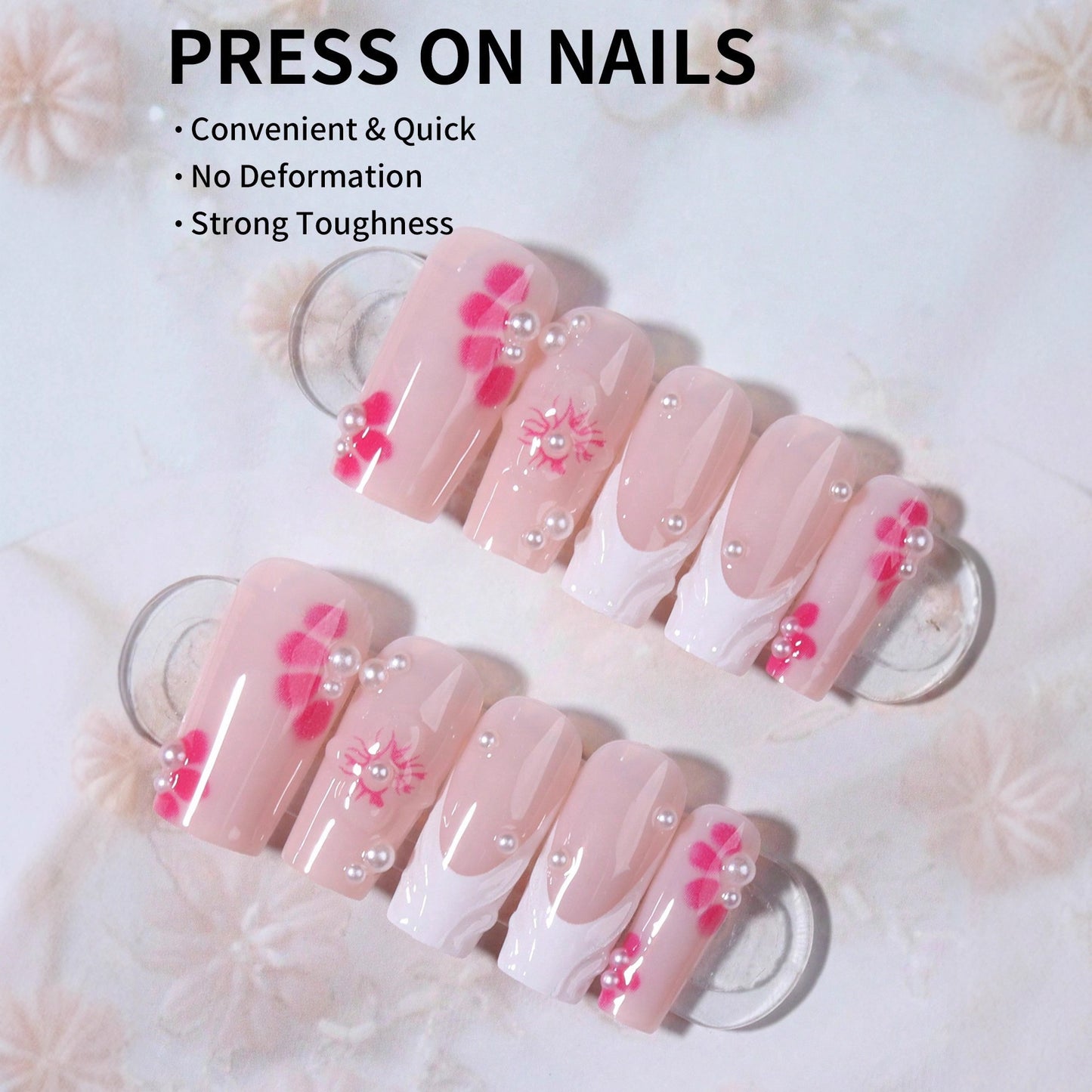 Kunstnagelset mit floralen 3D-Verzierungen und Perl-Akzenten Brehn