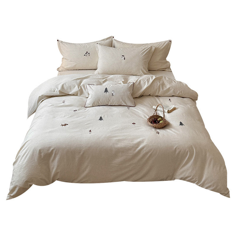 Atmungsaktives Baumwoll-Leinen Bettbezug-Set mit minimalistischer Waldbestickung & Kissenbezügen