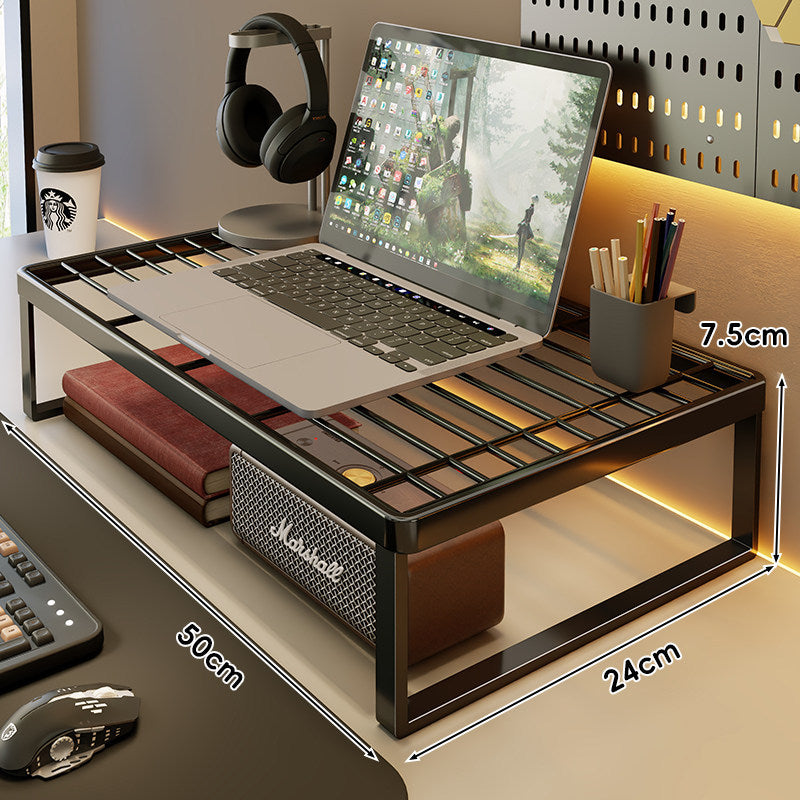 Belüftetes Metallgitter Laptop- und Monitorständer mit unterem Stauraumregal