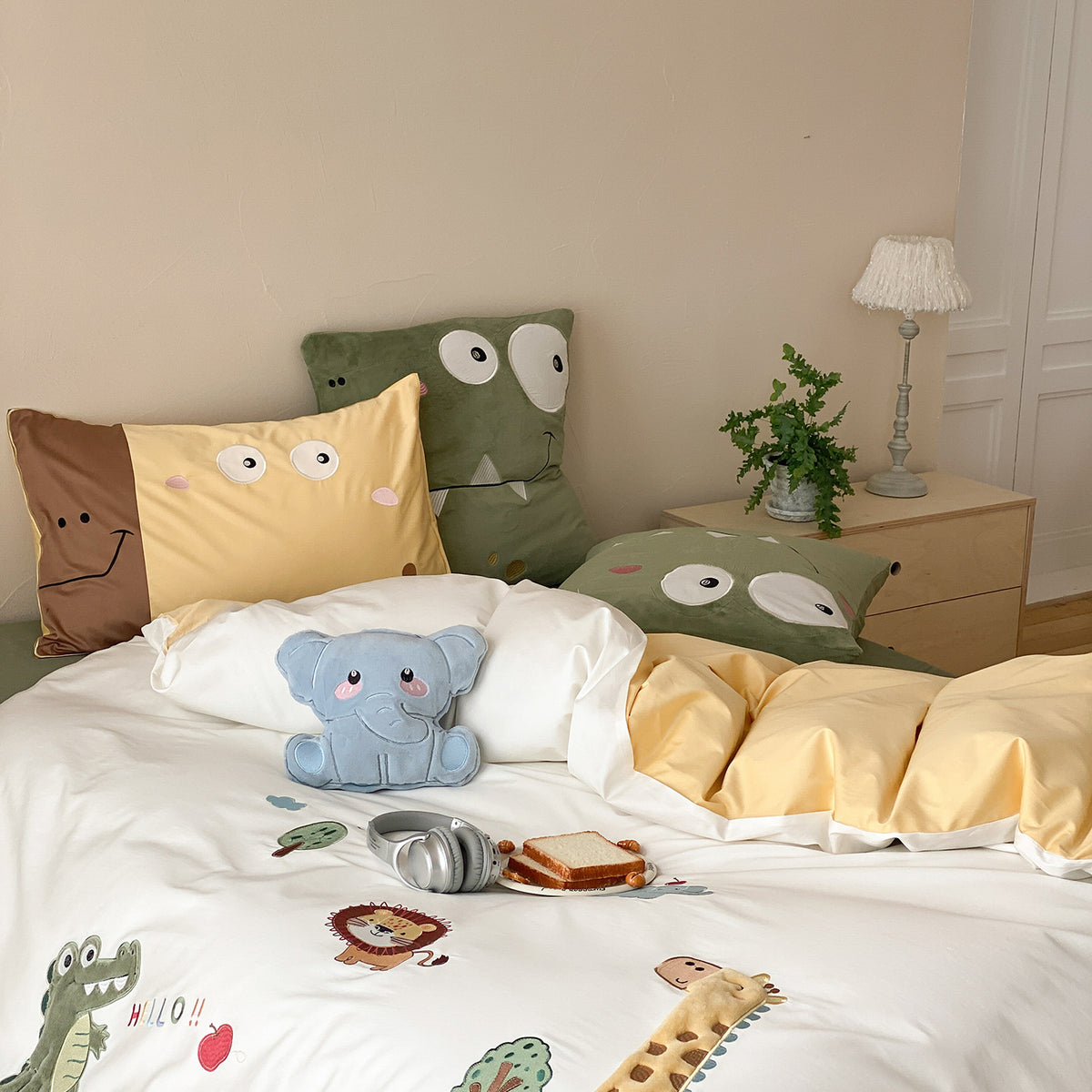 Kinder Baumwoll Applikation Bettwäsche Set mit gestickten Safari-Motiven und Kopfkissenbezügen