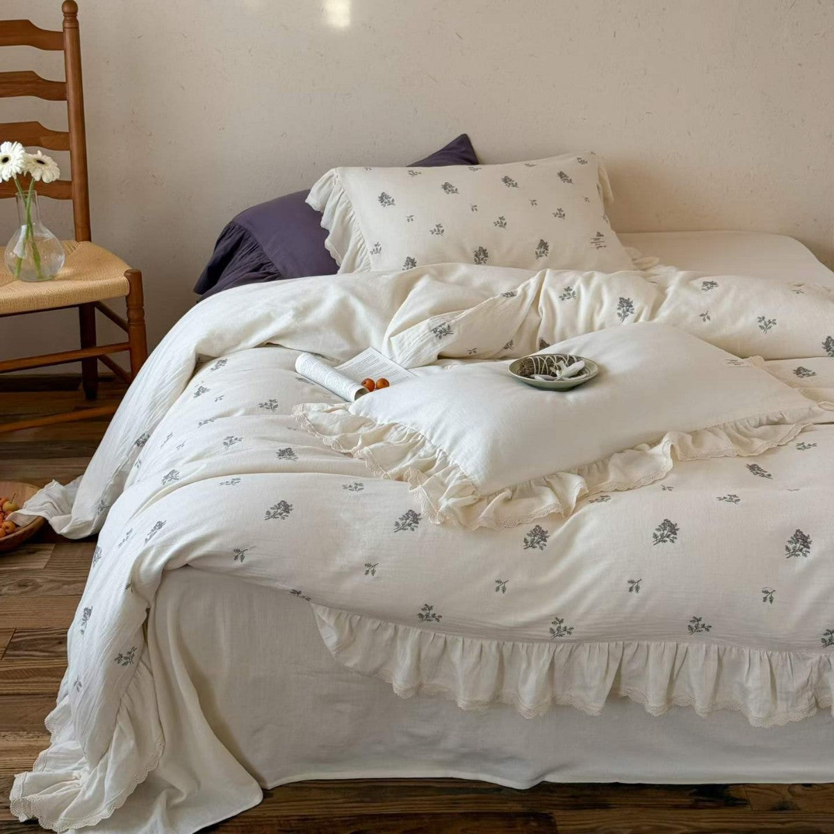 Gewaschenes Baumwoll-Rüschendekor Floral Bettwäsche Set