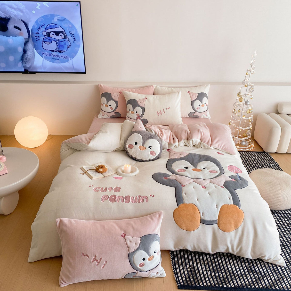 Niedliches Plüsch Applikation Pinguin Bettbezug Set mit gesteppten Kissenbezügen