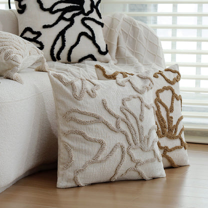 Quadratischer dekorativer Kissenbezug mit erhabenem floralen Chenille‑Tufting und Leinenoptik Brehn