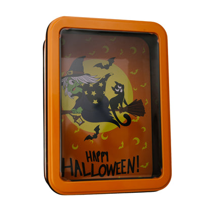 Halloween-Metallbox mit Sichtfenster und Hexenmotiv