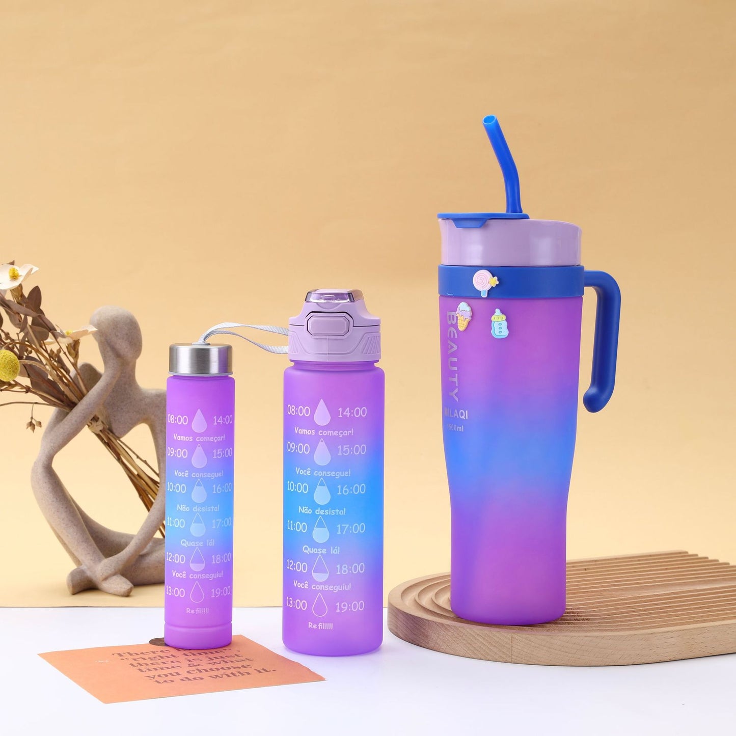 Damen stilvolle und praktische Wasserflasche mit Motiv und Zeitmarkierung Brehn
