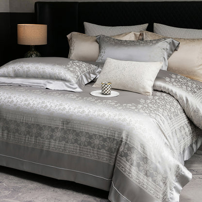 Seiden-Feel Jacquard Satin Bettbezug Set mit geprägt floralem Rand