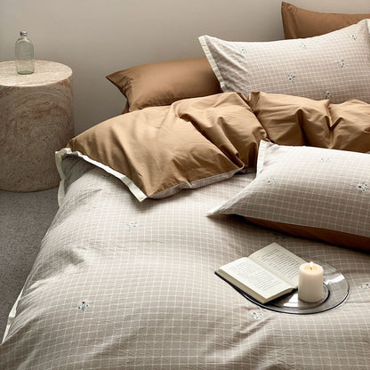 Luxus Baumwollsatin Bettbezug Set mit Karo-Stickerei
