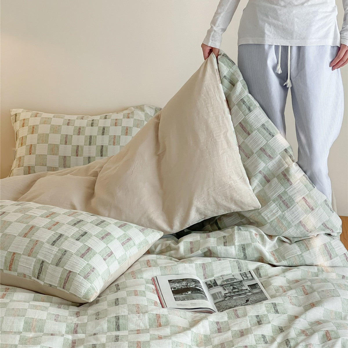 Bettbezug-Set aus Baumwoll-Perkal mit gewebtem Schachbrett-Effekt und Wende-Design