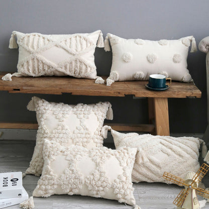Bohemian tufted Baumwolle Lendenkissen mit clusterfringe Textur und Eckenquasten