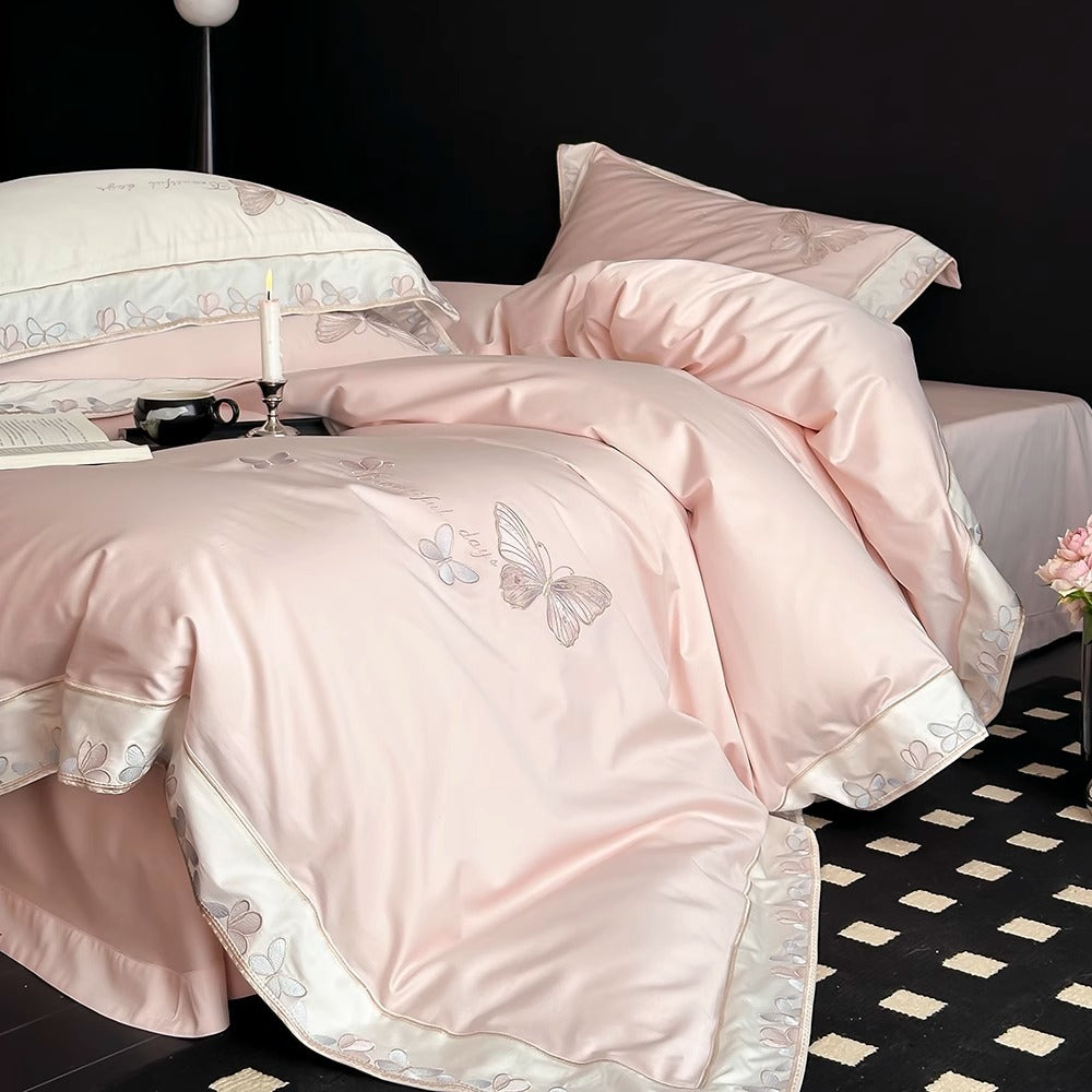 Bestickte Schmetterling Baumwollsatin Bettbezug Set