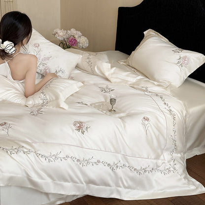 Seideneffekt Floral Stickerei Bettwäsche Set mit handgesticktem Weingartenrand