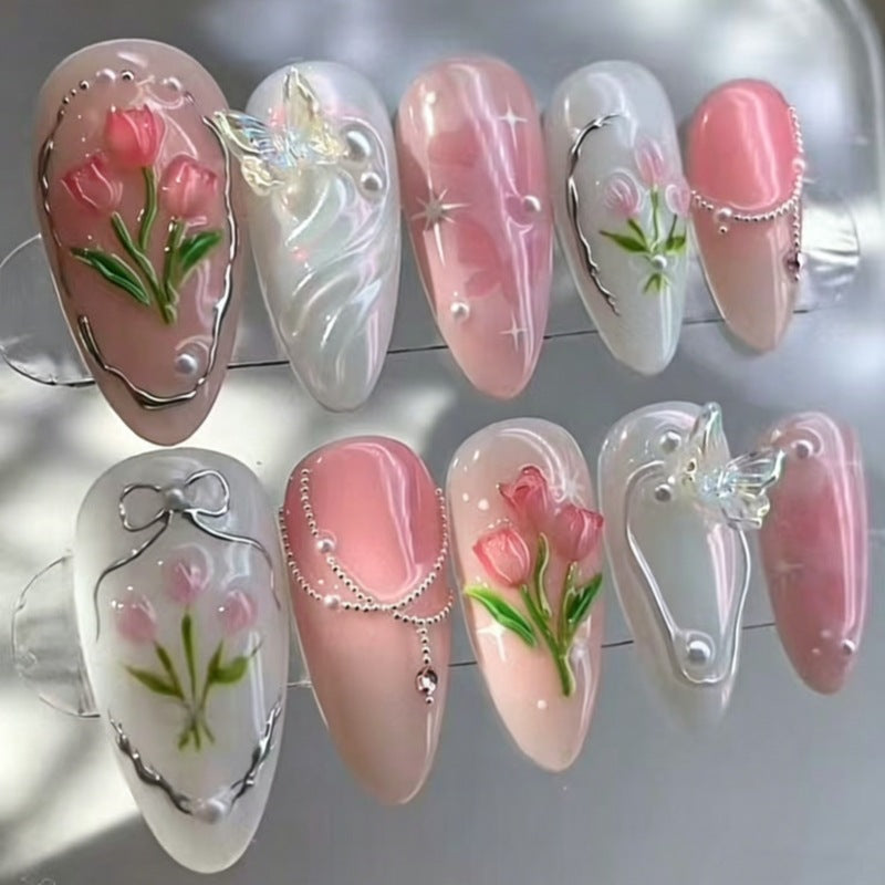 Künstlerisches Floral- und Stern-Applikationen Press-On Nagelset Brehn