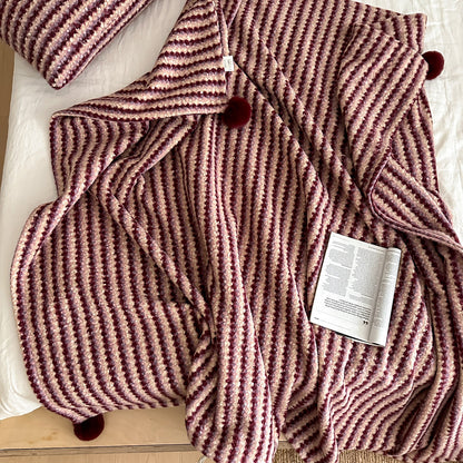 Oversized Gestreifter Mohairmix Schal mit Bommel