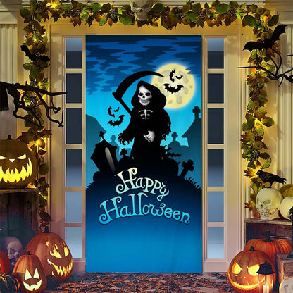 Halloween-Türposter mit großformatiger Grim-Reaper-Illustration und wiederverwendbarem PVC-Planenstoff