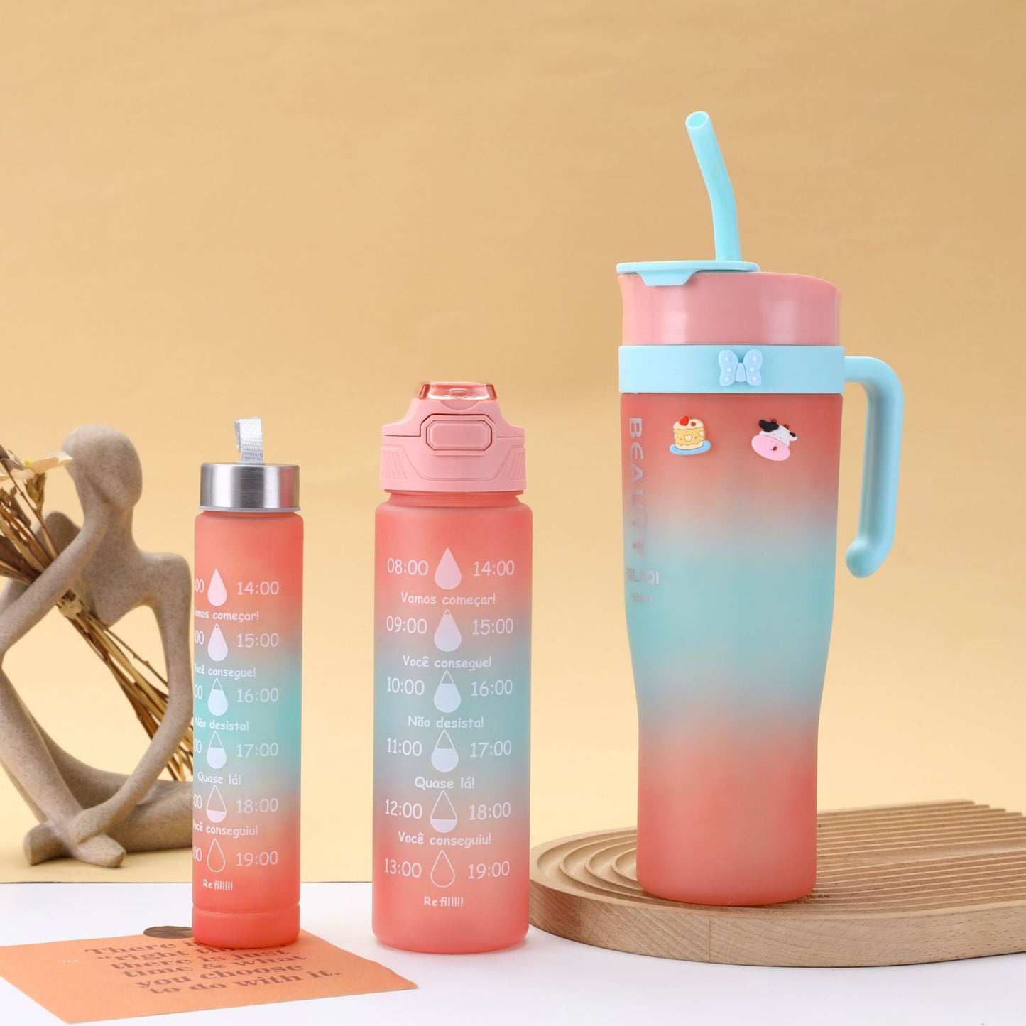 Damen stilvolle und praktische Wasserflasche mit Motiv und Zeitmarkierung Brehn