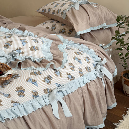 Gestepptes Bettwäscheset mit Teddy‑Muster, Rüschenbordüre und Dekorativen Schleifen
