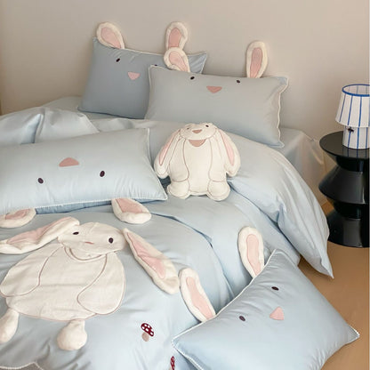 Kinder-Bettwäsche-Set mit 3D-Hasenapplikation und Kuschelkissen