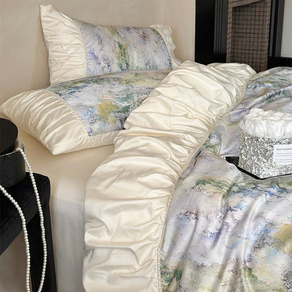 Luxuriöses Satin-Bettwäsche-Set mit Rüschen und Aquarellblumenmuster