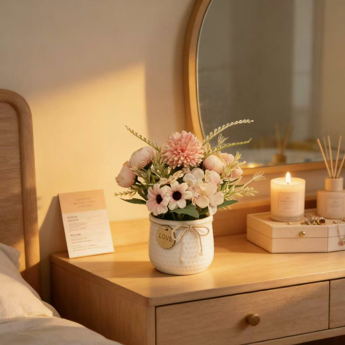 Florale Tischdekoration mit dekorativem Topf für Wohnkultur