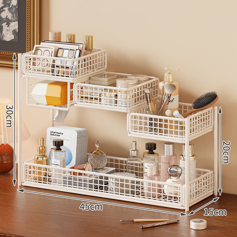 Multi-Tier Metallnetz Kosmetikorganizer mit Taschentuchhalter und verstellbaren Regalen