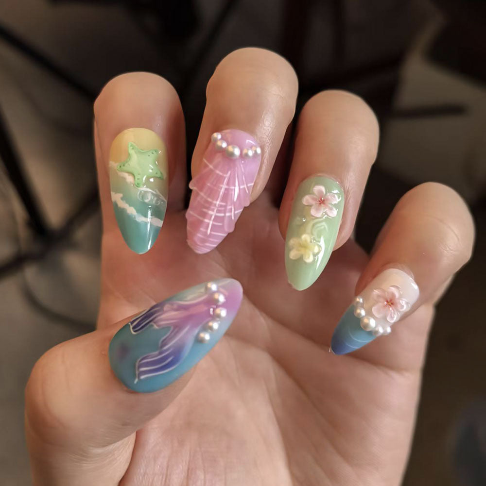 Künstlerisches ozeanisches Thema Press-on Nagelset Brehn