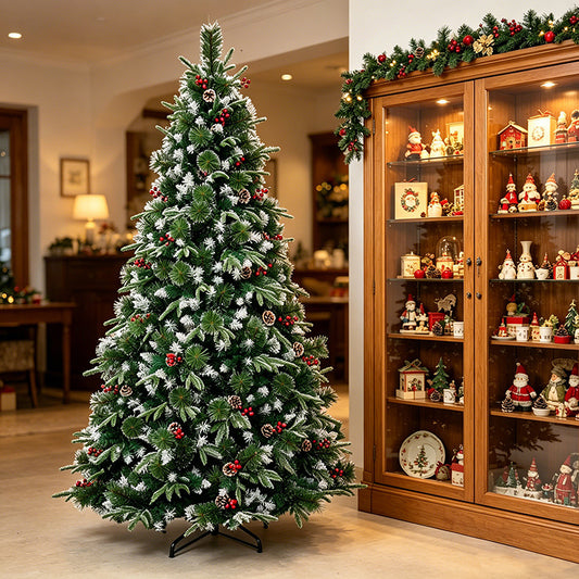 Künstlicher Weihnachtsbaum aus Kiefer mit schneebedeckten Spitzen und dekorativen Ornamenten