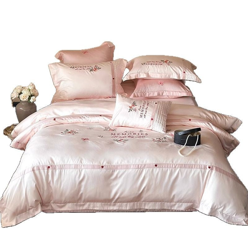 Bestickte florale Baumwollsatin Bettwäsche Set mit Pintuck Akzent Kopfkissenbezügen