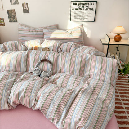 Gestreiftes Baumwoll-Percale-Bettbezug-Set mit Umschlagkissenbezügen