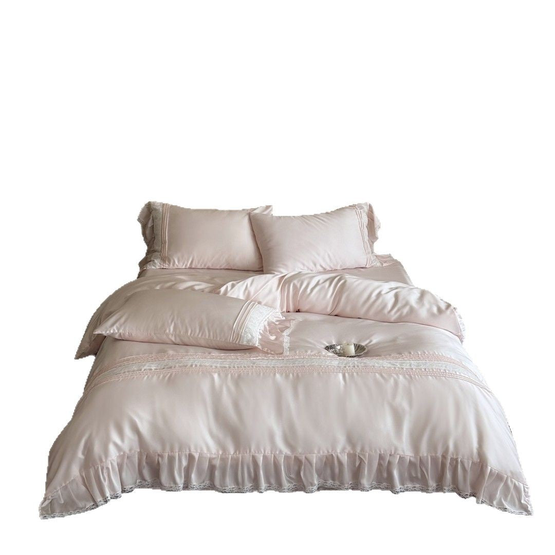 Luxuriöses Satin Rüschenteil mit Spitzenbesatz Bettbezug Set