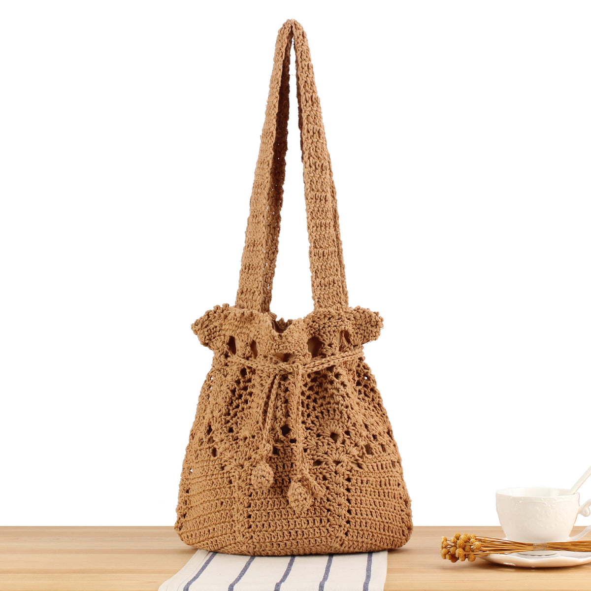 Makramee Shopper-Tasche mit Dekorativem Zugband Brehn