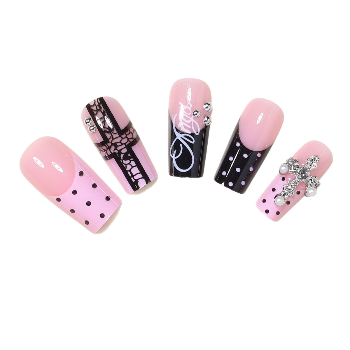Künstlerisches Lang-Press-On-Nageldesign-Set mit Kreuzakzenten Brehn