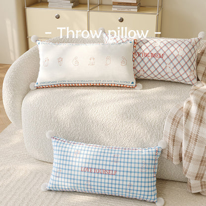 Rectangular Argyle-Pattern Lumbar Pillow Cover with Embroidered Slogan, Cat Motifs and Pom-Pom Corners