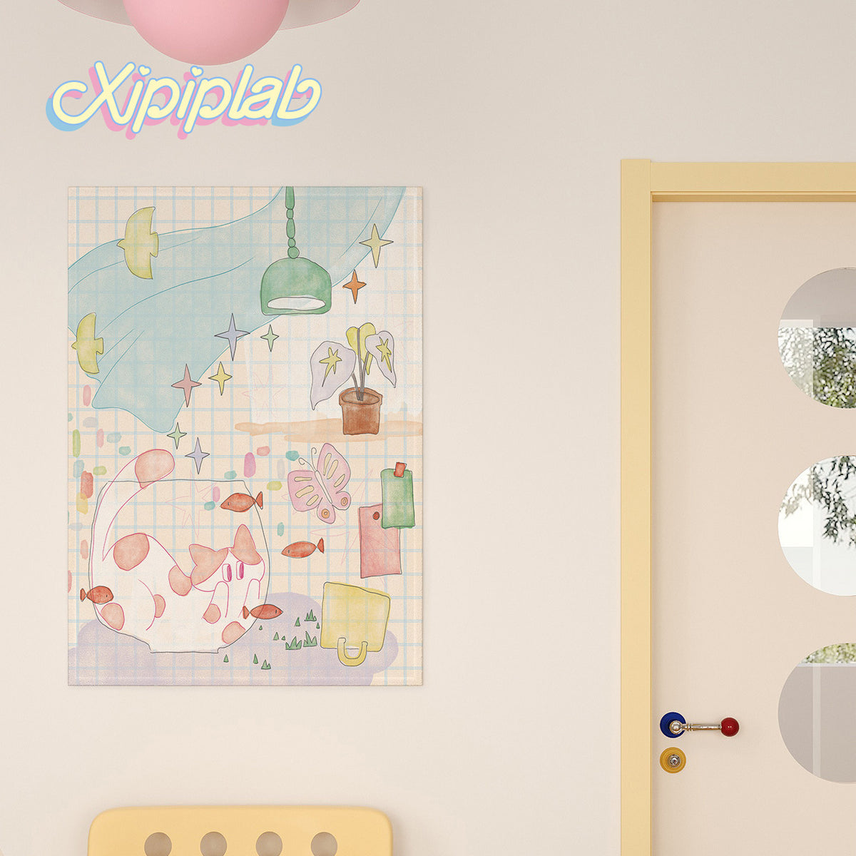 Pastel Grid Illustration Wall Tapestry for Kids Room Decor