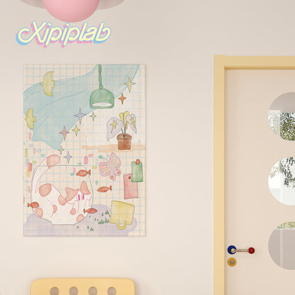 Pastel Grid Illustration Wall Tapestry for Kids Room Decor