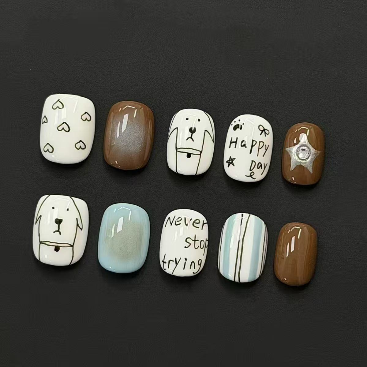 Künstlerisches katzenmotiviertes Press-On-Nagelkunstset Brehn