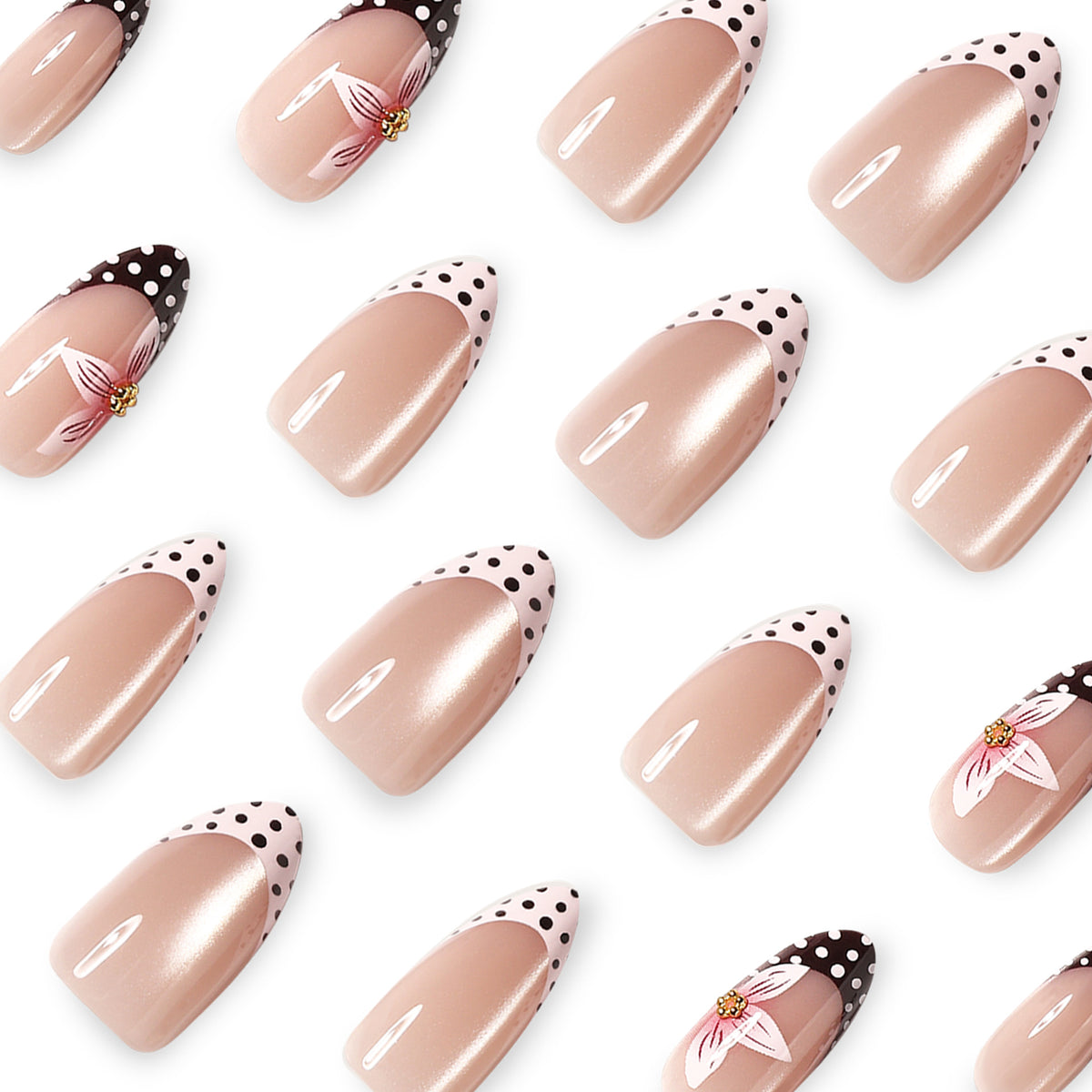 Kunstvolle Nagelverlängerungen mit Blüten- und Punktedesign Brehn
