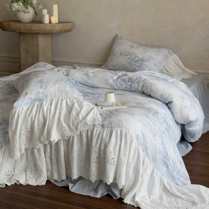 Rüschenspitze Marmor-Print Baumwollsatin Bettbezug-Set mit Bettwäsche und Kissenbezügen