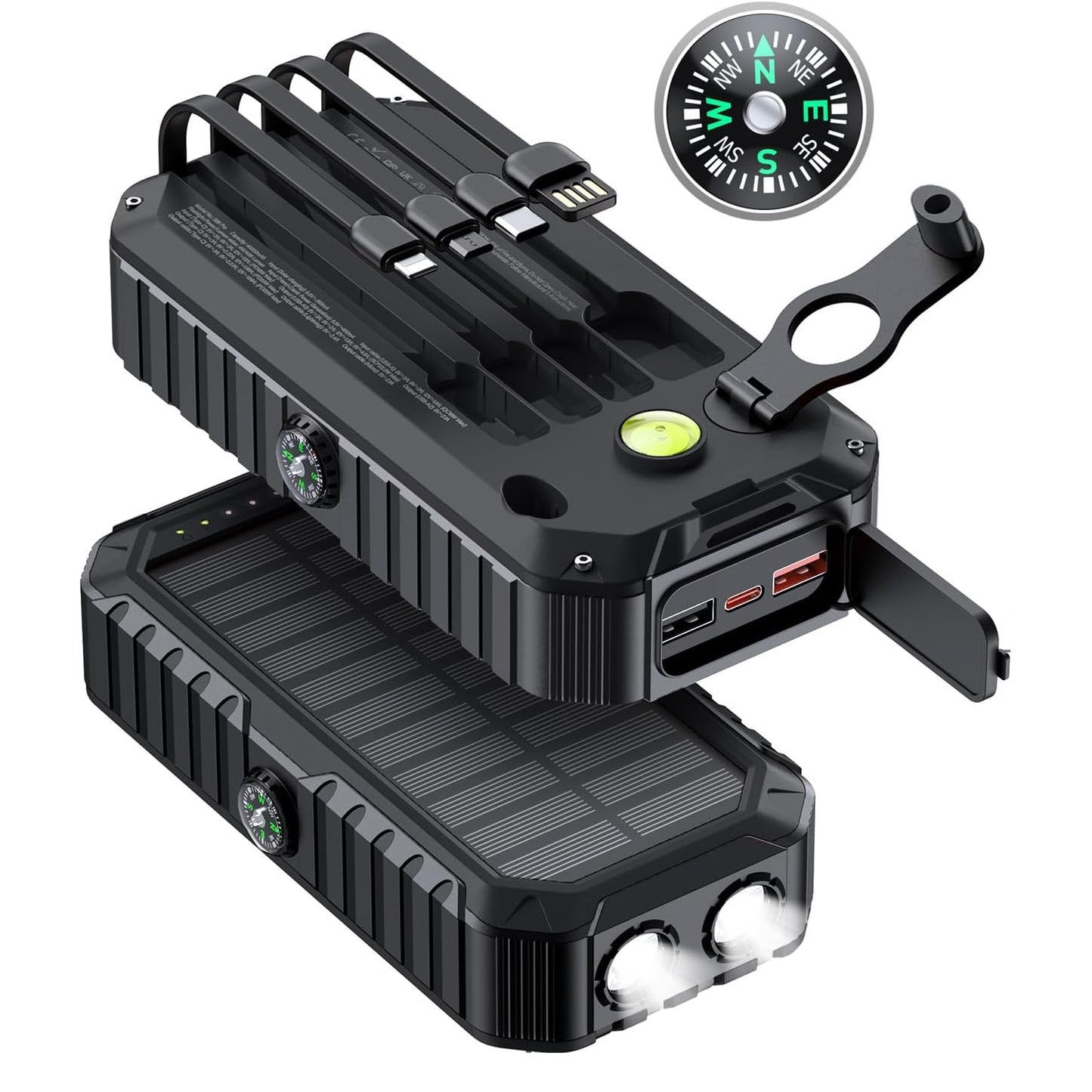 Solar-Powerbank mit Integrierten Ladekabeln und LED-Taschenlampe Brehn