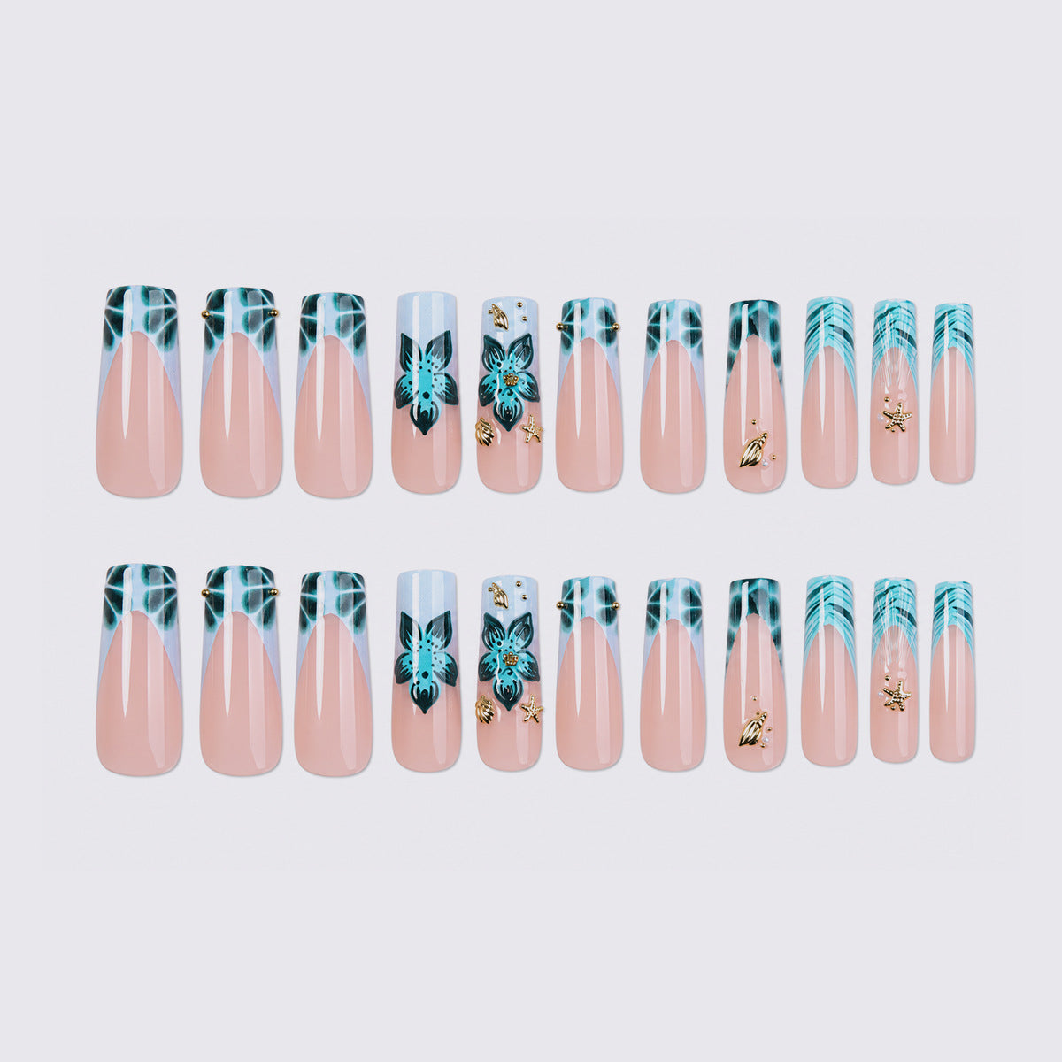Künstlerisches Acryl Press-On Nagelset mit floralen und goldenen Elementen Brehn