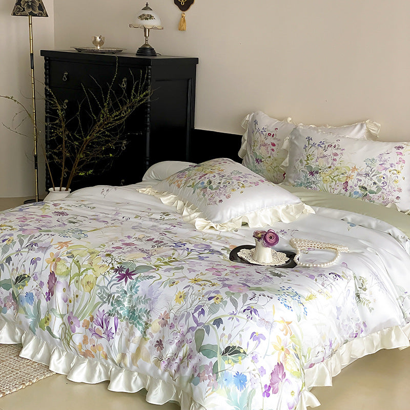 Blumige Baumwollsatin Rüschende Bettwäsche Set