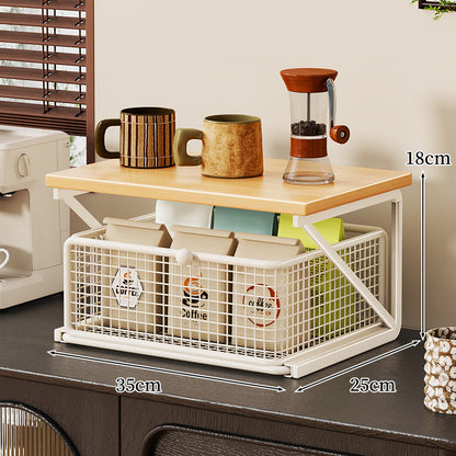 Küchenarbeitsplatte Kaffee Station Organizer mit Holzoberfläche und Metalldrahtkorb