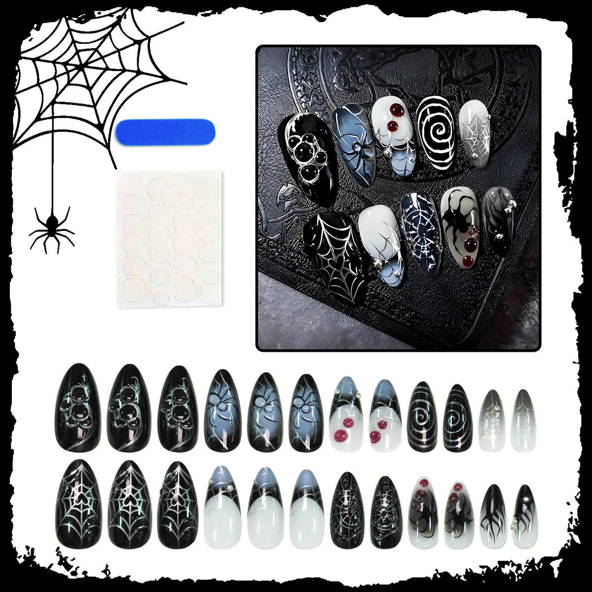 Kunstnagelset mit gruseligen Spinnen- und Halloween-Motiven Brehn