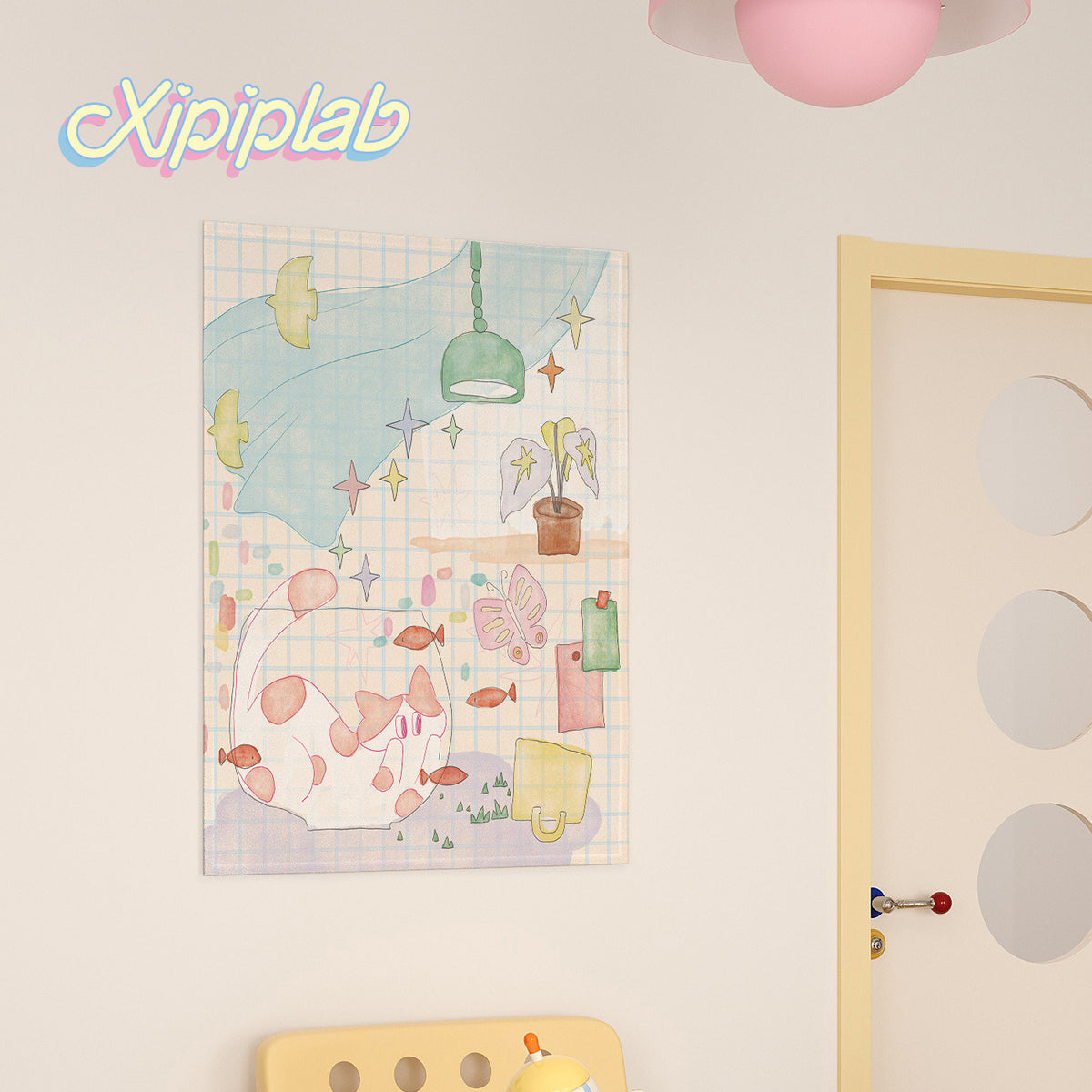 Pastel Grid Illustration Wall Tapestry for Kids Room Decor