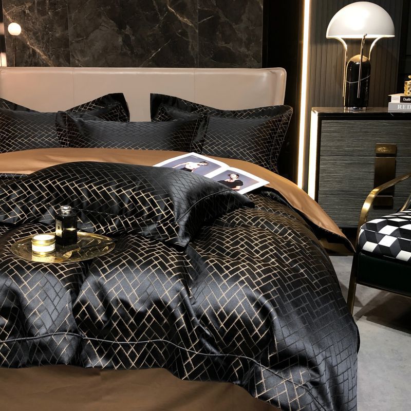 Luxuriöses Satin-Jacquard geometrisches Bettbezug- und Kissenbezug-Bettset