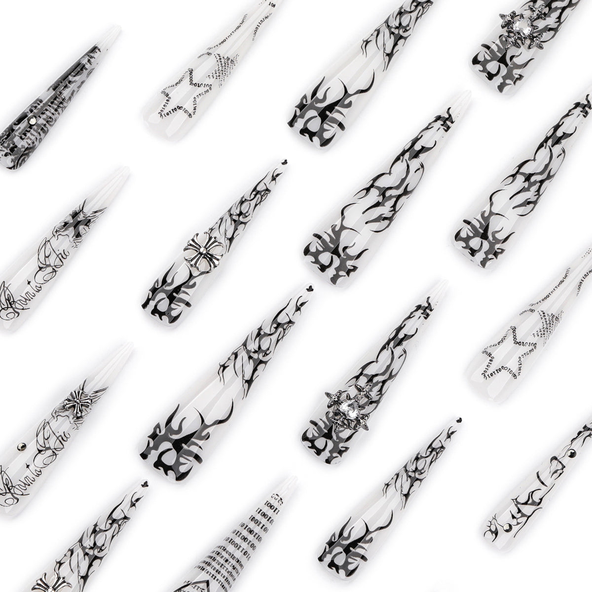 Kunstvolle Stiletto-Nägel mit Gothic-Muster und Verzierungen Brehn