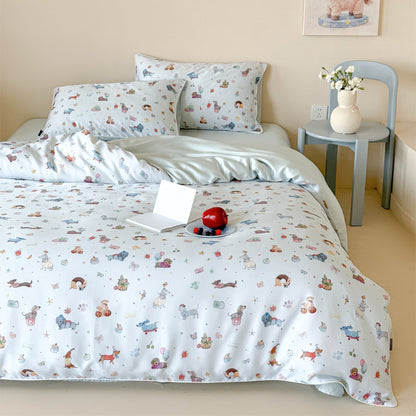 Kinder Cartoon Tier-Illustration Satin Bettbezug und Kissenbezug Bettwäsche Set